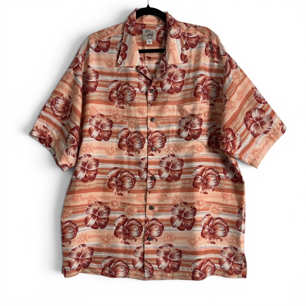 Red Turtle Silk Hawaiian Aloha Camp Shirt Sunset Floral Mens Large Tropical